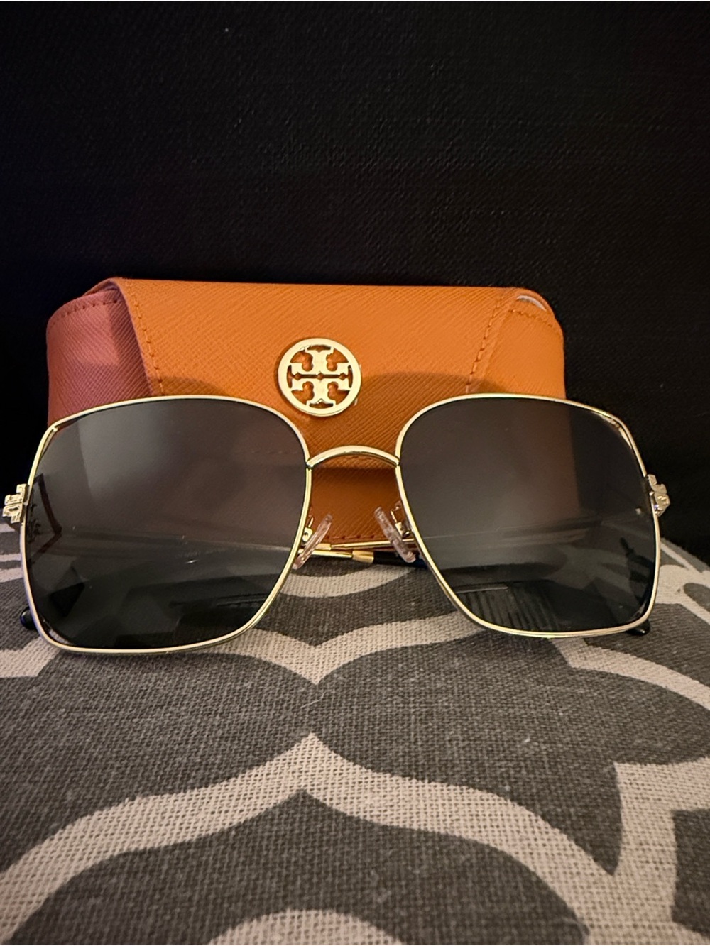 Tory Burch Gold Frame Sunglasses with Black Gradient Lenses and Orange Case